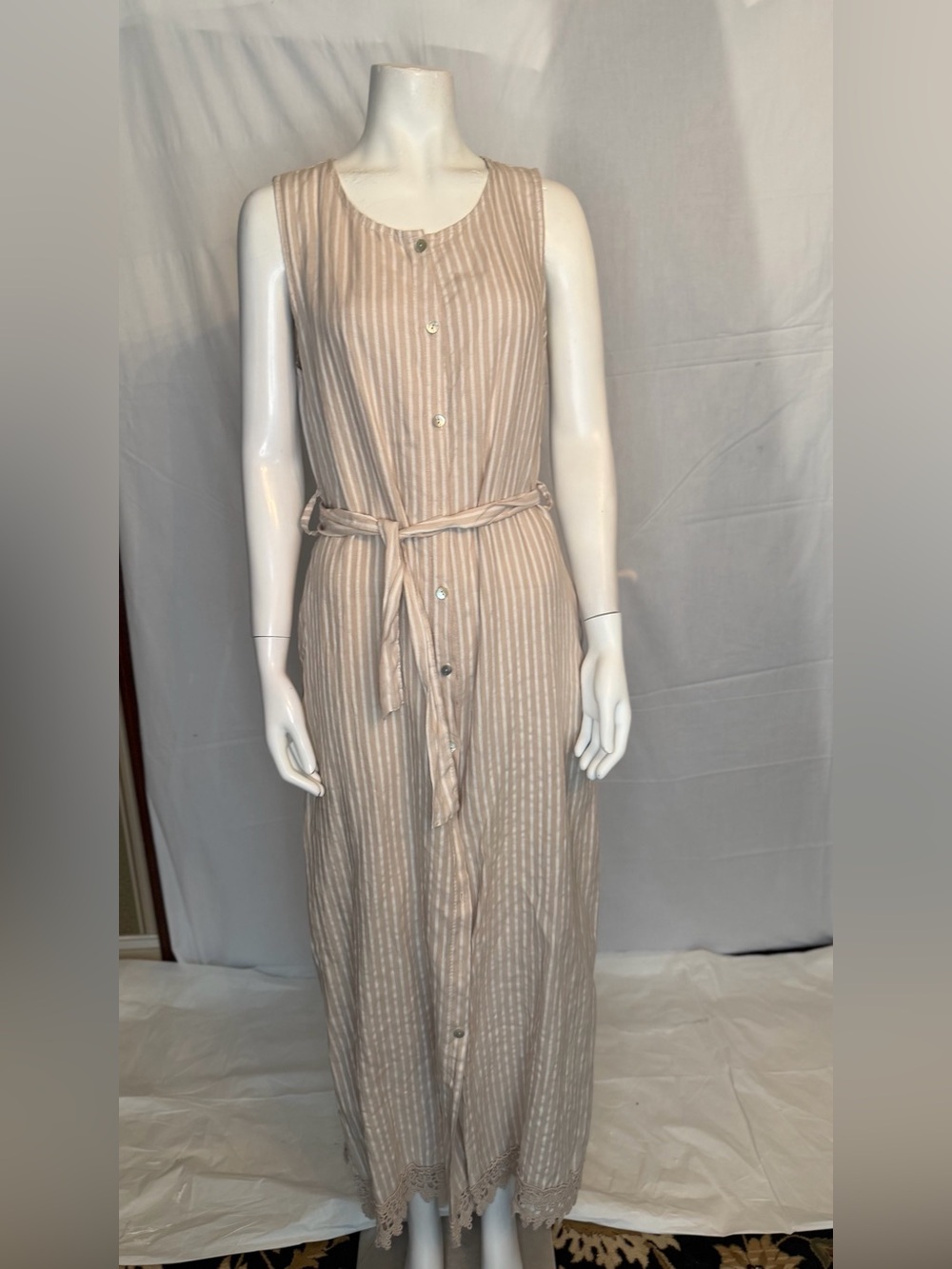 Sleeveless Striped Maxi Dress with Tie Waist in Light Beige